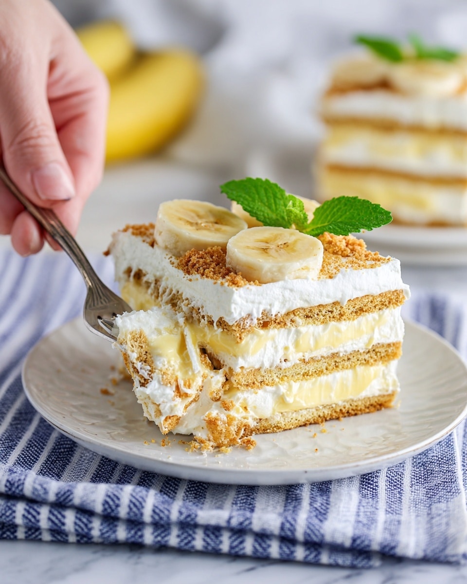 The image shows two square slices of banana layered dessert placed on white plates with a scalloped edge. Each slice has four layers of light brown biscuit or cake and three layers of pale yellow cream, topped with a smooth white cream layer sprinkled with fine golden crumbs. On top of each slice, three thin round banana slices are placed with a small sprig of fresh green mint beside them. A silver fork lies on one plate next to the dessert. In the background, there is a small glass jar filled with milk, all set on a white marbled surface covered partly by a white cloth with dark blue stripes. photo taken with an iphone --ar 4:5 --v 7