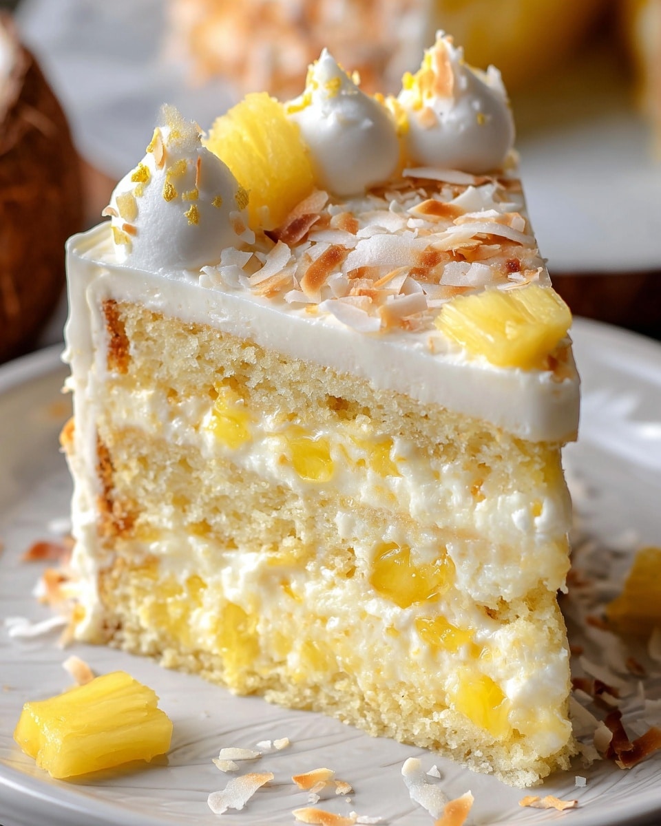 A close-up of a three-layer cake slice sits on a white plate with a golden rim, placed on a white marbled surface. The bottom and middle layers are light yellow sponge cake with a soft and moist texture. Between the layers and on top, there is a thick, creamy white frosting mixed with small pineapple chunks, giving a slightly chunky texture. The top layer is smooth white frosting decorated with yellow pineapple pieces, toasted coconut flakes, and a light dusting of powdered sugar. The cake looks moist and fresh with a glossy finish on the cream. Photo taken with an iphone --ar 4:5 --v 7