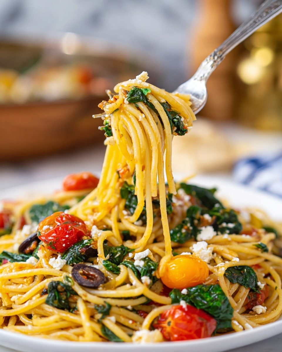A close-up view of a white plate filled with a colorful spaghetti dish featuring long, yellow pasta strands tossed with wilted dark green spinach leaves, small softened cherry tomato halves in bright red and orange shades, and black olive slices. The dish also includes white crumbly cheese pieces scattered throughout, adding texture. A fork lifting a bite of pasta shows a mix of all the elements, with the noodles wrapped around the fork, topped with spinach, cheese, and a piece of tomato. The background is a soft white marbled texture with blurred kitchen items. photo taken with an iphone --ar 4:5 --v 7