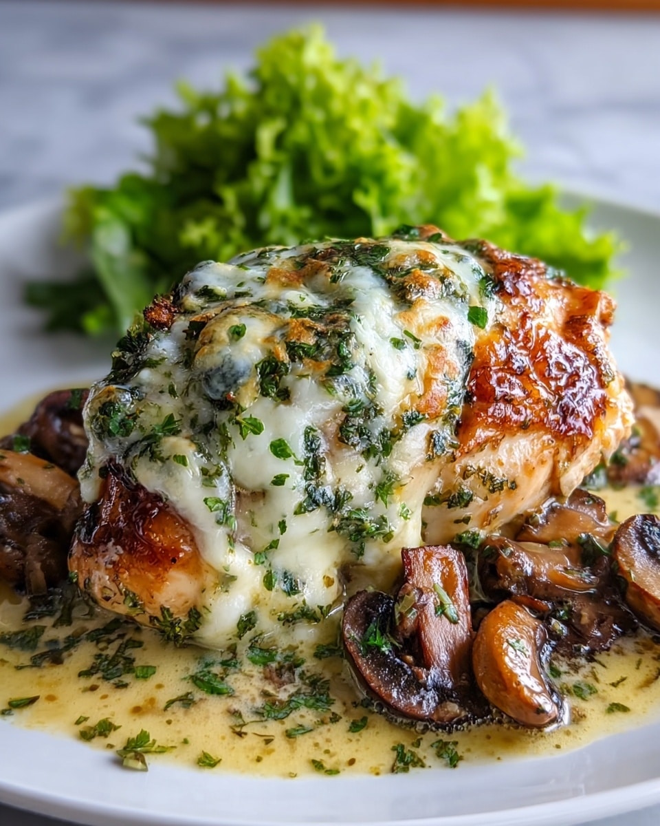 A piece of cooked chicken breast is topped with a thick, melted layer of white cheese mixed with green herbs, giving a bubbly and slightly browned look. The chicken's skin underneath is golden brown and crispy. Around the chicken, there are brown sautéed mushroom slices sitting in a creamy, light yellow sauce with green herb bits. In the background, a small pile of fresh green lettuce adds color contrast. Everything is served on a white plate set on a white marbled surface. photo taken with an iphone --ar 4:5 --v 7