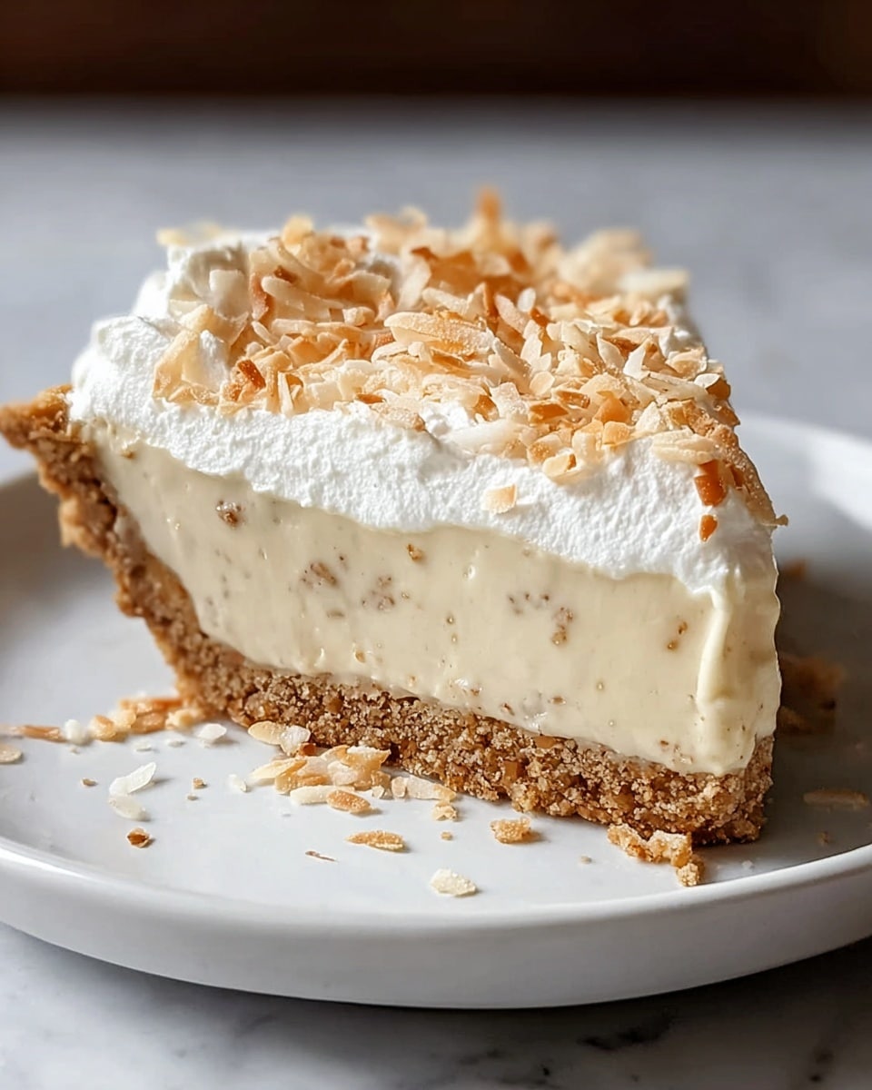 A slice of pie is shown on a white plate with a white marbled texture under it. The pie has three layers: a crumbly brown crust at the bottom and sides, a thick creamy light beige filling with small brown specks in the middle, and a fluffy white whipped topping on top. The whipped topping is sprinkled with toasted light brown coconut flakes. The crust looks slightly crumbly and the whipped topping has soft peaks. photo taken with an iphone --ar 4:5 --v 7