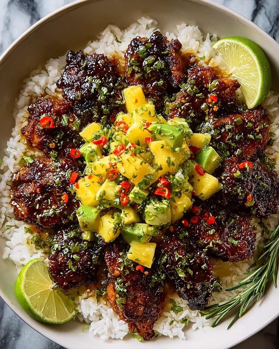 A white bowl filled with a base layer of fluffy white rice, topped with several pieces of dark brown, crispy grilled chicken. On top of the chicken are cubes of bright yellow pineapple and green avocado mixed with fresh green herbs and red chili flakes scattered across. Two lime wedges with bright green skin sit near the edges, and there is a sprig of fresh rosemary on the side. The bowl is placed on a white marbled surface. photo taken with an iphone --ar 4:5 --v 7