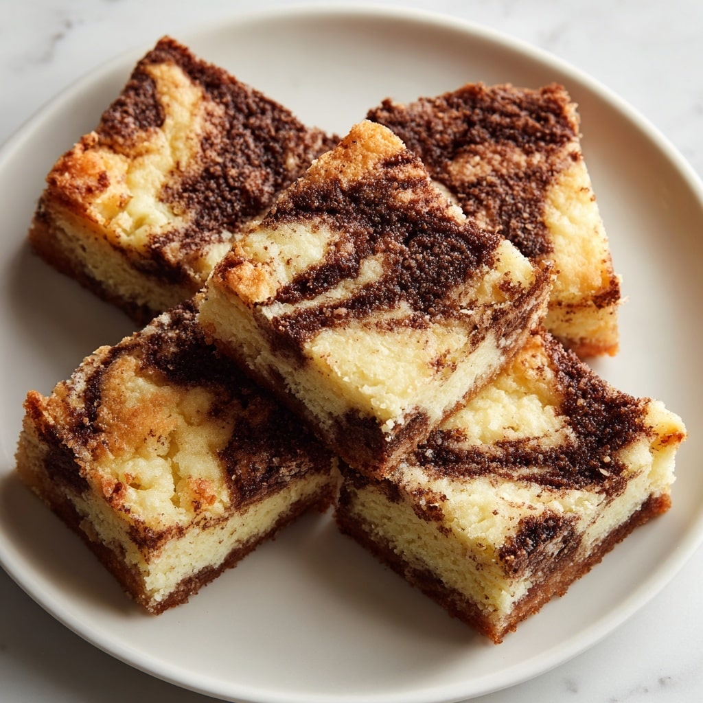 A square dessert cut into four smaller squares placed on a white plate with a white marbled texture underneath. The top layer is golden brown with irregular shapes forming a cracked pattern, revealing a darker brown filling underneath. The top is lightly dusted with powdered sugar, giving a soft, powdery texture to parts of the surface. The dessert shows a crumbly texture around the edges, suggesting a soft and slightly crunchy bite. Photo taken with an iphone --ar 4:5 --v 7