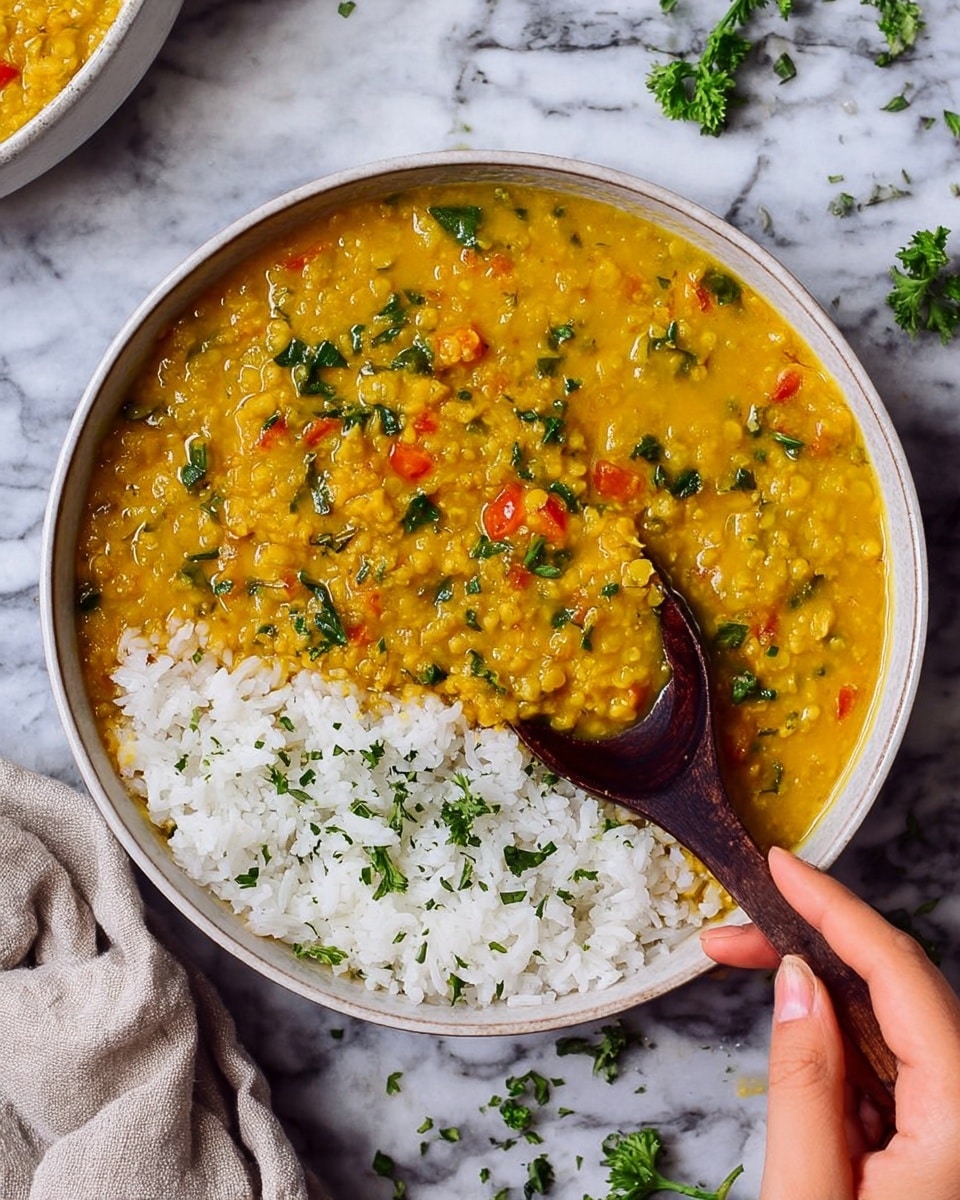 A close-up of a dark bowl filled with thick yellow lentil stew mixed with small orange carrot chunks and green herbs sprinkled on top, creating a speckled texture across the surface; on the right edge, a woman's hand holds a small, light beige, browned flatbread piece partially dipped into the stew; in the top left, a round flatbread with browned spots and green herb flecks rests on a white marbled surface, complemented by a wooden spoon positioned below it, all set on a white marbled textured background. photo taken with an iphone --ar 4:5 --v 7