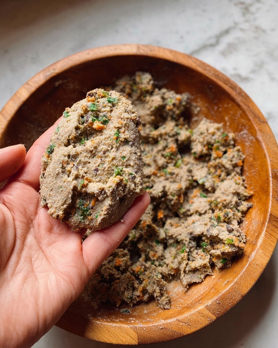A close-up of a woman's hand holding a rough oval-shaped, clay-colored mixture with small bits of green and orange herbs and vegetables visible throughout. The hand is above a wooden bowl filled with the same crumbly textured mix, showing little clumps and chunks, with green herb flecks and orange vegetable bits throughout. The bowl sits on a white marbled texture. photo taken with an iphone --ar 4:5 --v 7