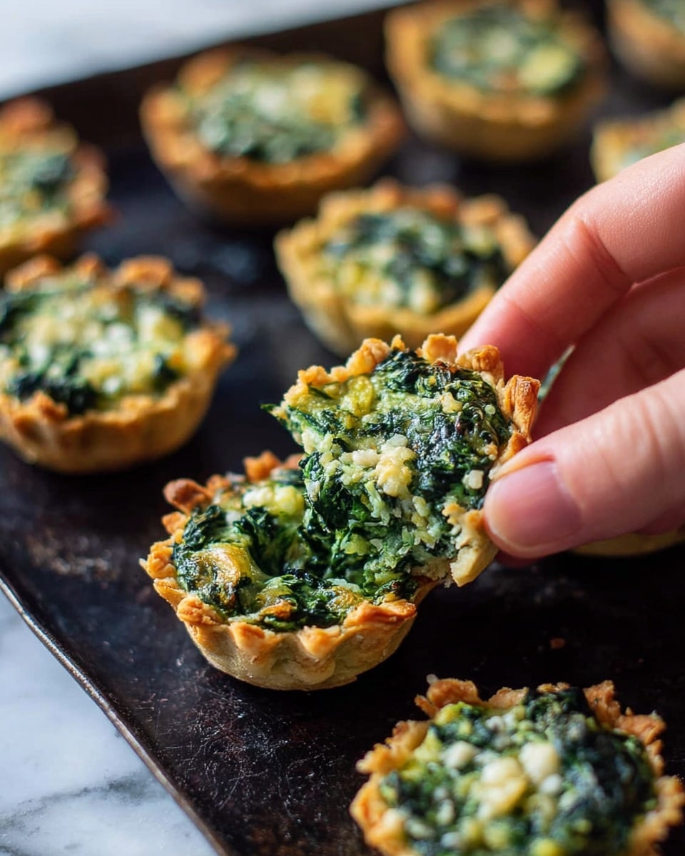 The image shows small tartlets with a golden brown, crispy crust forming the bottom and sides, filled with a vibrant, green mixture of chopped spinach and small bits of melted cheese on top. The filling looks moist and textured, with darker green spots where spinach is concentrated and lighter creamy areas from the cheese. A woman's hand is gently picking up one tartlet from a dark baking tray, and several other tartlets are scattered around, all with the same color and texture. The background is a white marbled surface. photo taken with an iphone --ar 4:5 --v 7