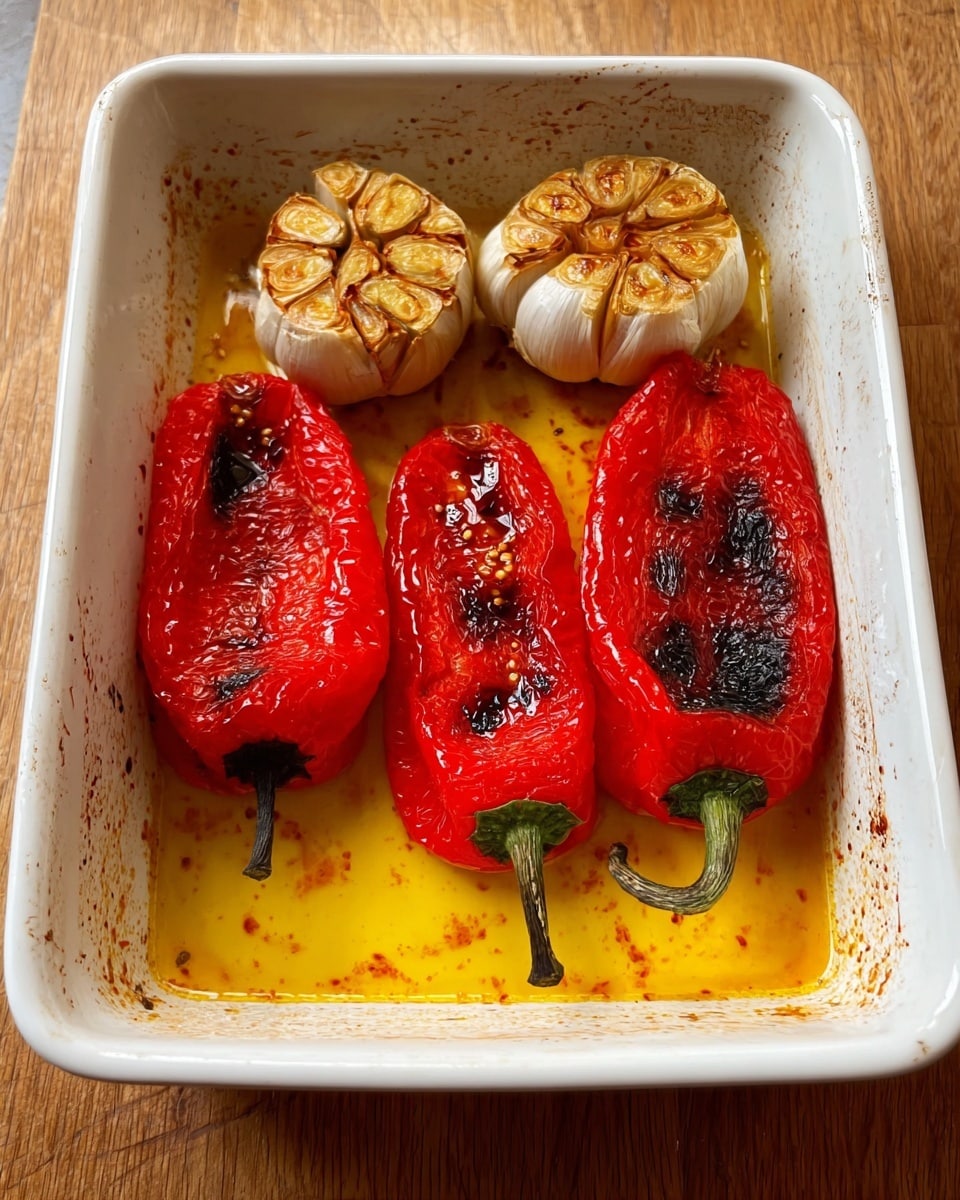 The image shows a white rectangular baking dish with three roasted red peppers and two heads of garlic. The peppers are placed side by side, each with charred black spots on their shiny, wrinkled red skin and green stems at the bottom. Above the peppers, two garlic heads are cut in half, exposing the golden brown, roasted cloves grouped in a circular pattern. The dish has a thin layer of oily yellow liquid at the bottom, adding a glossy look. The baking dish rests on a wooden surface. photo taken with an iphone --ar 4:5 --v 7