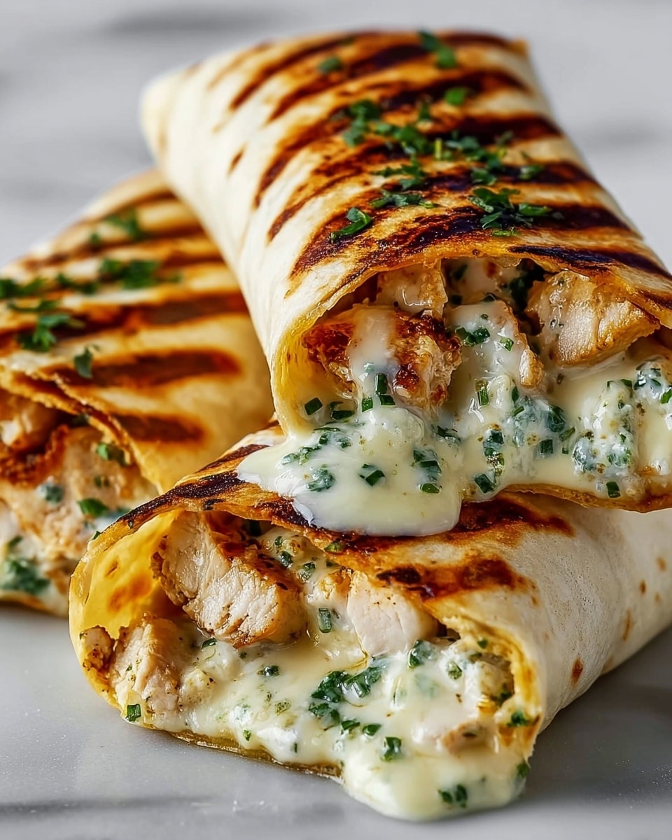 Two rolled flatbreads, golden brown with toasted spots on the outside, lie on a white plate on a white marbled surface. The first wrap is partially open, showing its filling of tender grilled chicken pieces with a light brown color and specks of herbs. Inside, a creamy white sauce with fresh green chopped herbs flows out softly, covering some chicken pieces. The flatbread edges look soft and slightly crispy at the toasted parts. photo taken with an iphone --ar 4:5 --v 7