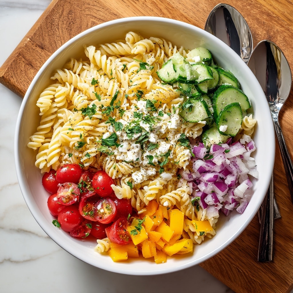 A white bowl filled with a pasta salad that has three main layers: the base layer of light beige rotini pasta, the middle layer of bright red cherry tomato halves and dark green cucumber slices, and the top layer sprinkled evenly with small white chunks of feta cheese, finely chopped purple onions, and specks of dark herbs and black pepper, all resting on a white marbled texture surface with metal spoons nearby and some green parsley on the side. photo taken with an iphone --ar 4:5 --v 7