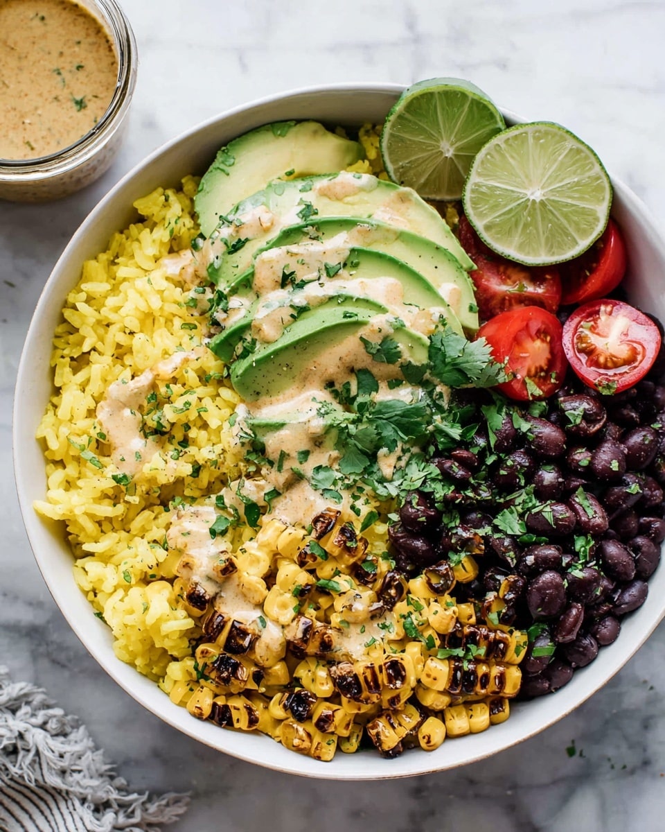 A white bowl holds a colorful layered dish starting with a base of yellow rice at the bottom left and top left areas, which is slightly fluffy and garnished with small bits of green herbs. On the left center, a row of thin avocado slices fanned out shows light to dark green gradients with a drizzle of light pink sauce on top and sprinkled green herbs. In the top right section, there is a layer of light yellow corn kernels. Adjacent to it on the right side, a group of shiny black beans with a creamy beige sauce drizzled over them creates a smooth texture contrast. In the center, there are small red cherry tomato pieces, cut in halves and topped with a small green cilantro leaf, adding bright red and green color. The dish sits on a white marbled surface. Photo taken with an iphone --ar 4:5 --v 7