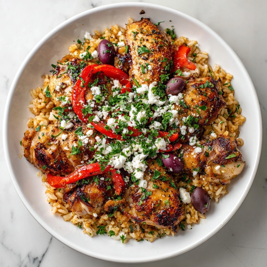 A white plate holds a dish with three main layers: the base layer is golden brown grilled chicken pieces with a slightly charred texture and visible herbs; the middle layer is a mix of cooked rice with a light brown tint and scattered bright red bell pepper slices; the top layer is sprinkled with white crumbled cheese, dark purple olives, and fresh green chopped parsley evenly spread over the dish. The food appears juicy with a light oil sheen, served on a white marbled surface. photo taken with an iphone --ar 4:5 --v 7