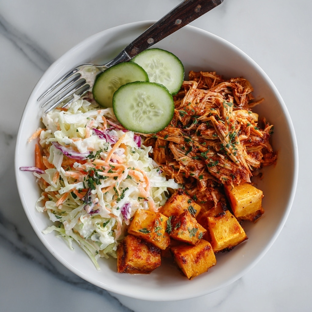 In a white bowl, three main layers are arranged side by side on a white marbled surface. On the right, tender shredded chicken is coated in a rich reddish-orange sauce with a drizzle of darker barbecue sauce on top, sprinkled with green herbs. In the middle, bright orange-brown roasted sweet potato cubes sit in a small pile. On the left, a creamy coleslaw made of shredded white and purple cabbage and thin carrot strips occupies the rest of the space, topped with three fresh cucumber slices garnished with bit of green herbs. The scene is bright and clean, captured from above with natural lighting, photo taken with an iphone --ar 4:5 --v 7