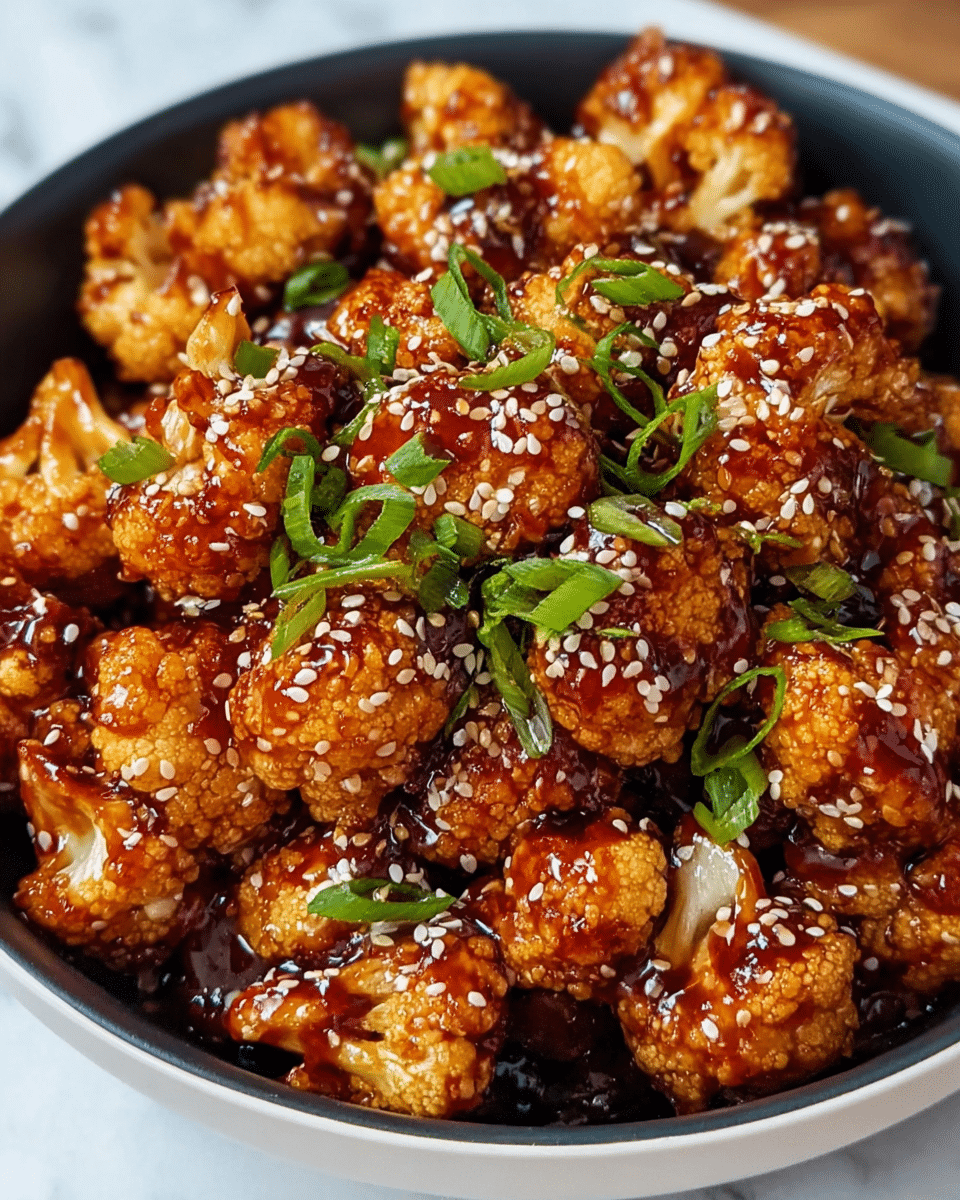 This image shows a bowl full of small fried cauliflower pieces covered in dark red sticky sauce, giving them a shiny look. The cauliflower is golden brown where it peeks through the sauce. On top, there are scattered white sesame seeds and fresh green chopped spring onions, adding a fresh touch. The bowl is white and set on a white marbled surface, creating a clean background. The photo taken with an iphone --ar 4:5 --v 7