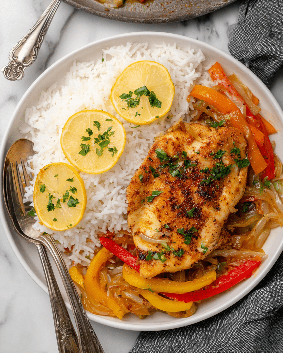 A white round plate holds a serving of cooked white rice layered on the left side, topped with two lemon slices garnished with small green herb pieces on the upper left edge. On the right side of the rice, there is a grilled, golden-brown chicken breast with visible seasoning and a slightly crispy texture. Underneath and around the chicken are sautéed strips of yellow and red bell peppers and onions, adding bright orange, red, and translucent layers. Small green herb pieces are sprinkled over the chicken and vegetables. The plate is set on a white marbled surface, with a vintage fork and spoon resting on the left side of the plate and a gray cloth napkin on the right. photo taken with an iphone --ar 4:5 --v 7