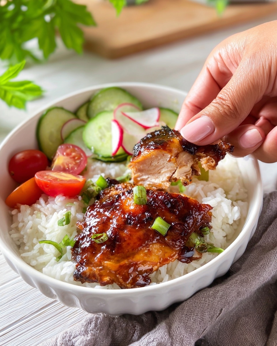 A white scalloped bowl filled with a base layer of fluffy white rice, topped with three pieces of glazed, charred chicken thighs that are shiny and dark golden brown with hints of black from charring; sprinkled lightly with chopped green onions. On the side, there is a small salad consisting of thinly sliced radishes, cucumber rounds, and halved cherry tomatoes, all vibrant and fresh. The bowl sits on a light wooden surface with green leafy plants blurred in the background. Photo taken with an iphone --ar 4:5 --v 7
