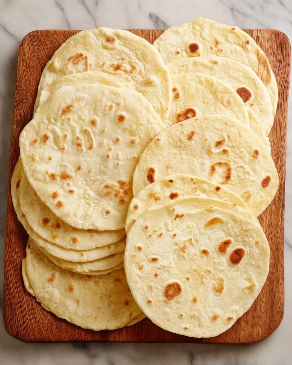A stack of soft, light golden flatbreads is neatly piled on a round white plate. The flatbreads have slight brown spots and a fluffy texture, each layer folded slightly unevenly, showing their thin and flexible nature. The plate sits on a white marbled surface, and the background is softly blurred, giving focus to the layered flatbreads. Photo taken with an iphone --ar 4:5 --v 7