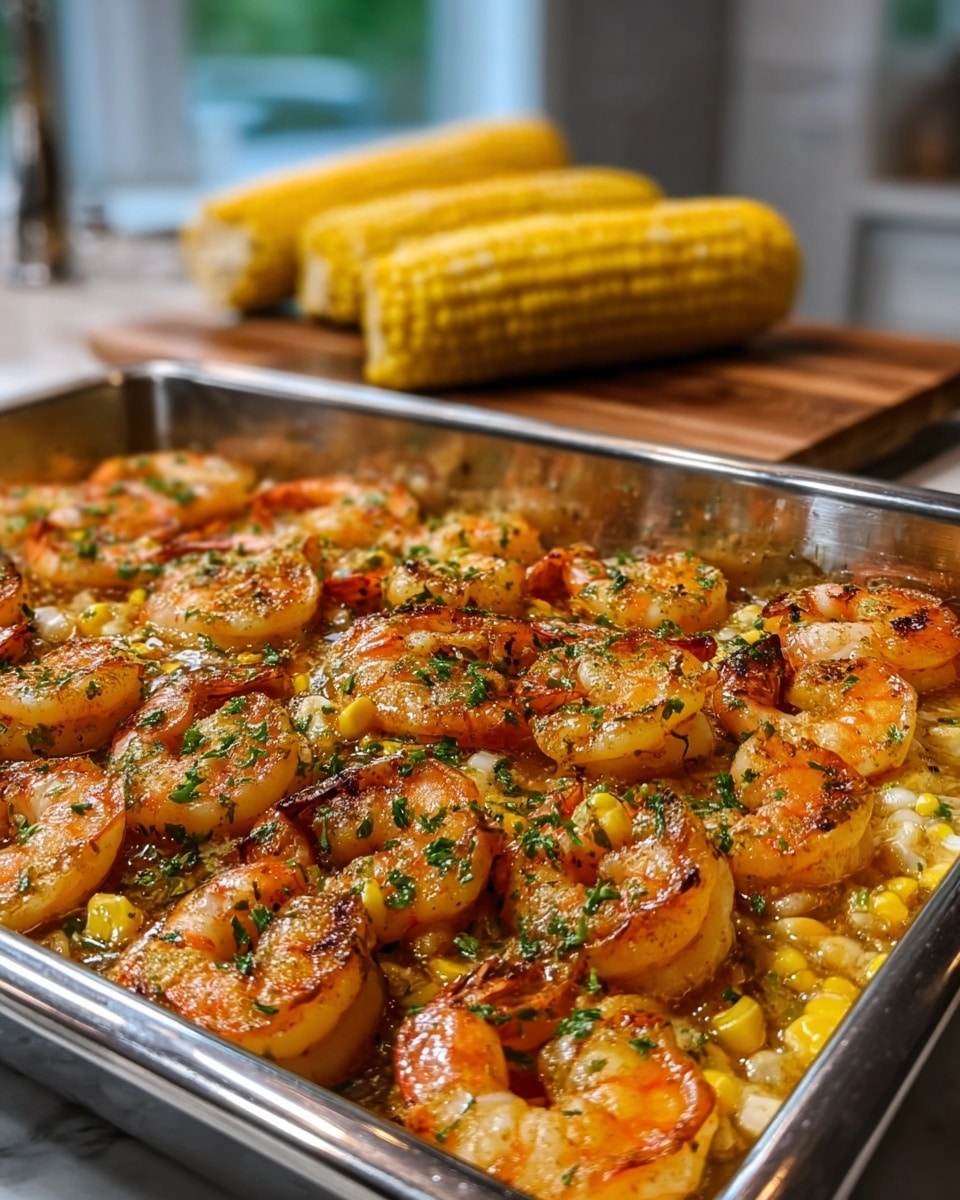 A white rectangular baking dish filled with a layered shrimp casserole sits on a white marbled surface. The bottom layer consists of yellow corn kernels evenly spread, covered by a creamy sauce layer with a smooth texture. On top are large browned shrimp, arranged in neat rows, with a glazed look showing spices and herbs sprinkled generously, mostly green parsley flakes adding color contrast. In the background on the white marbled surface, two cooked corn cobs lean side by side, adding a bright yellow pop to the scene. Photo taken with an iphone --ar 4:5 --v 7