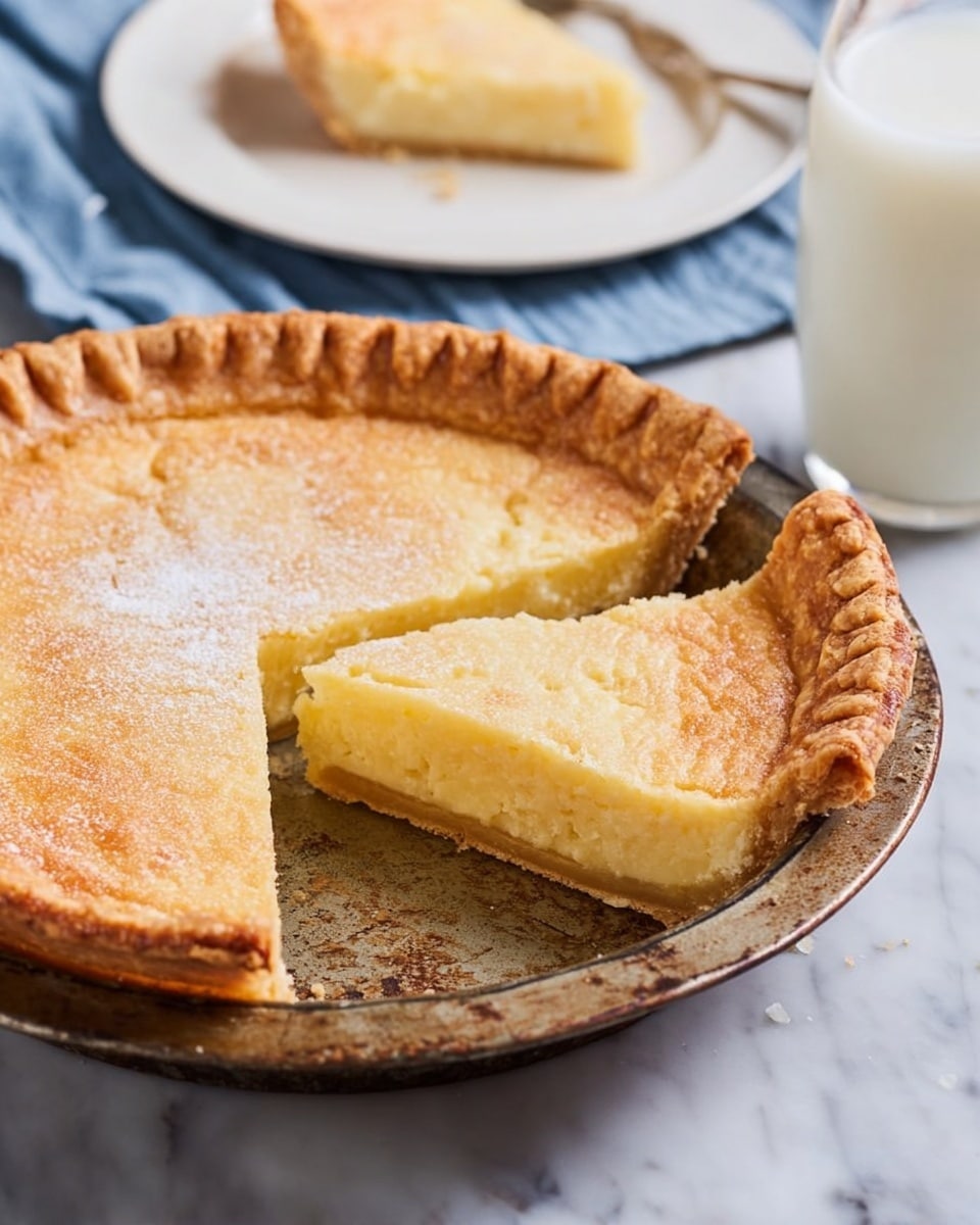 A pie with one slice cut out is placed in a worn, round baking pan. The pie has a thick, slightly golden brown crust with crimped edges all around. Inside the crust is a smooth, pale yellow filling that looks soft and creamy. The top of the pie is slightly cracked and has a light dusting of sugar. In the background, a white marbled surface is visible with a white plate holding a piece of pie, and a tall clear glass of milk nearby. photo taken with an iphone --ar 4:5 --v 7