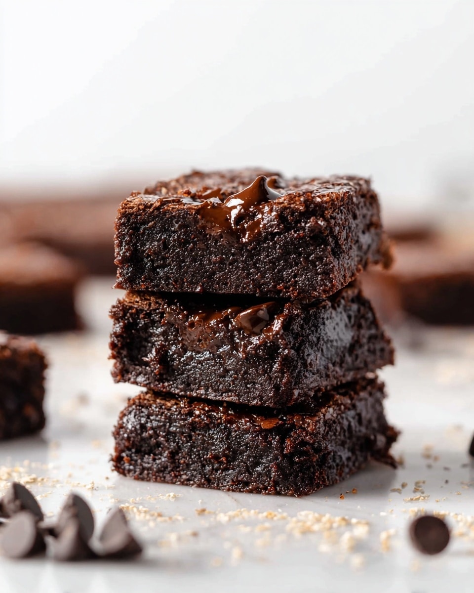 A stack of three thick, fudgy chocolate brownies is shown close up on a white marbled surface, with melted chocolate chips visibly oozing inside each dense, dark brown layer. The top brownie has a slightly cracked surface studded with glossy chocolate chips, while some extra chocolate chips and crumbs are scattered around the stack. In the soft-focused background, additional brownies lay flat, adding depth to the image. photo taken with an iphone --ar 4:5 --v 7