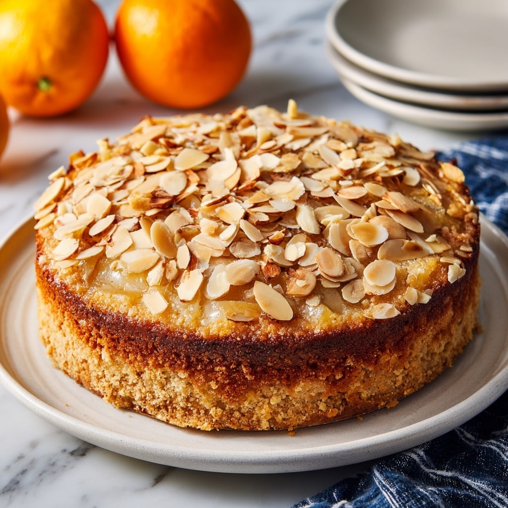 A round almond pear cake on a white plate with light gray marble veins, sitting on a white marbled surface. The cake has one thick layer with a golden brown crumb edge. On top, there are thin slices of baked pear arranged unevenly, mixed with plenty of toasted almond slices scattered all over the surface and around the base of the cake. The almonds and pear slices have a toasted light brown and beige color, creating a textured and crunchy look. In the background, two whole pears and a blue and white striped cloth are slightly out of focus. Photo taken with an iphone --ar 4:5 --v 7