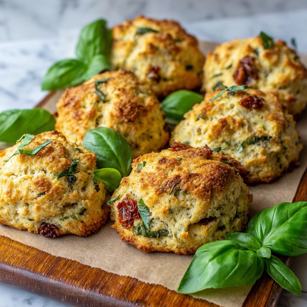 A close-up view of six golden-brown savory scones with rough, cracked tops showing visible green herbs and red sun-dried tomato pieces mixed throughout the dough. The scones are arranged stacked and touching each other on light brown parchment paper placed on a wooden board. Around and underneath the scones, there are fresh green basil leaves adding a pop of color. The surface beneath the board is a white marbled texture. The scones have a firm and crumbly texture with irregular shapes and a rustic look. Photo taken with an iphone --ar 4:5 --v 7
