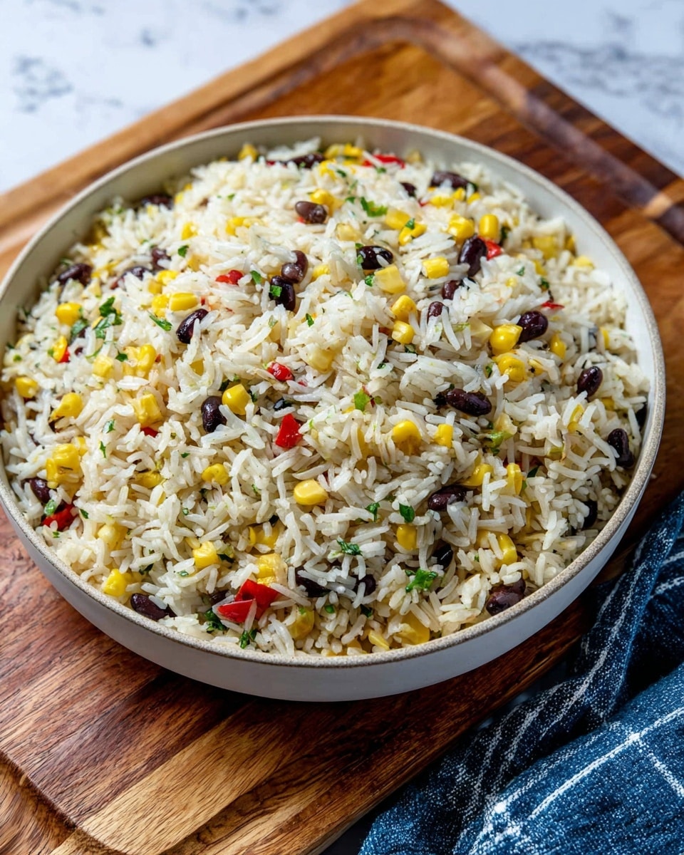 A close-up view of a round white bowl filled with cooked white rice mixed with yellow corn kernels, small black beans, chopped red peppers, and green herbs. The rice grains are fluffy and separate, with the colorful ingredients evenly spread throughout. The bowl is placed on a wooden board with a blue and white checkered cloth partially visible around it, all set against a white marbled surface. photo taken with an iphone --ar 4:5 --v 7