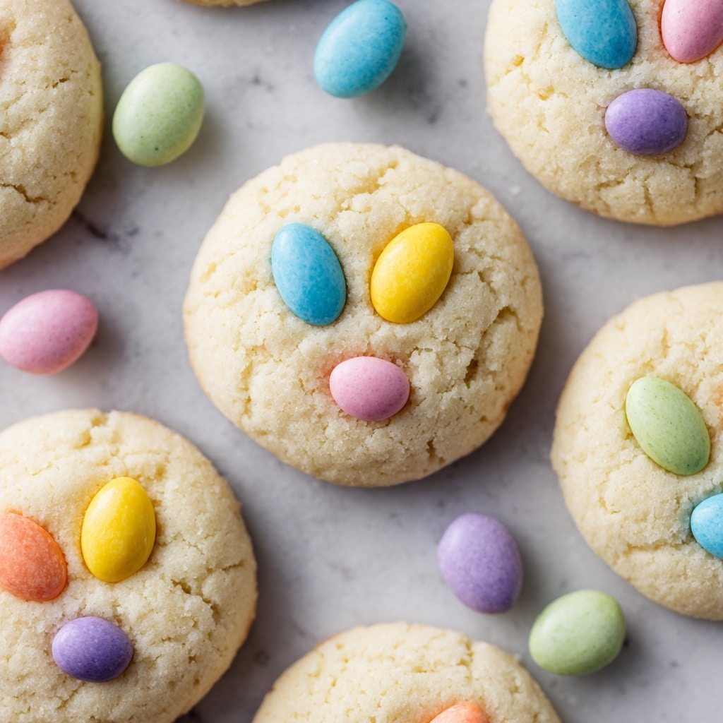 A group of round cookies is arranged in the shape of a bunny on a white marbled surface. Each cookie is light brown and slightly cracked on top, decorated with three pastel-colored candy pieces that form bunny faces—two small oval candies for ears and one round candy for the head. The colors of these candies are soft yellow, pink, blue, purple, and green, evenly mixed across the cookies. Around the bunny shape, many small round pastel candy pieces are scattered in matching colors. The overall look is bright, cheerful, and perfect for a spring or Easter theme. Photo taken with an iphone --ar 4:5 --v 7