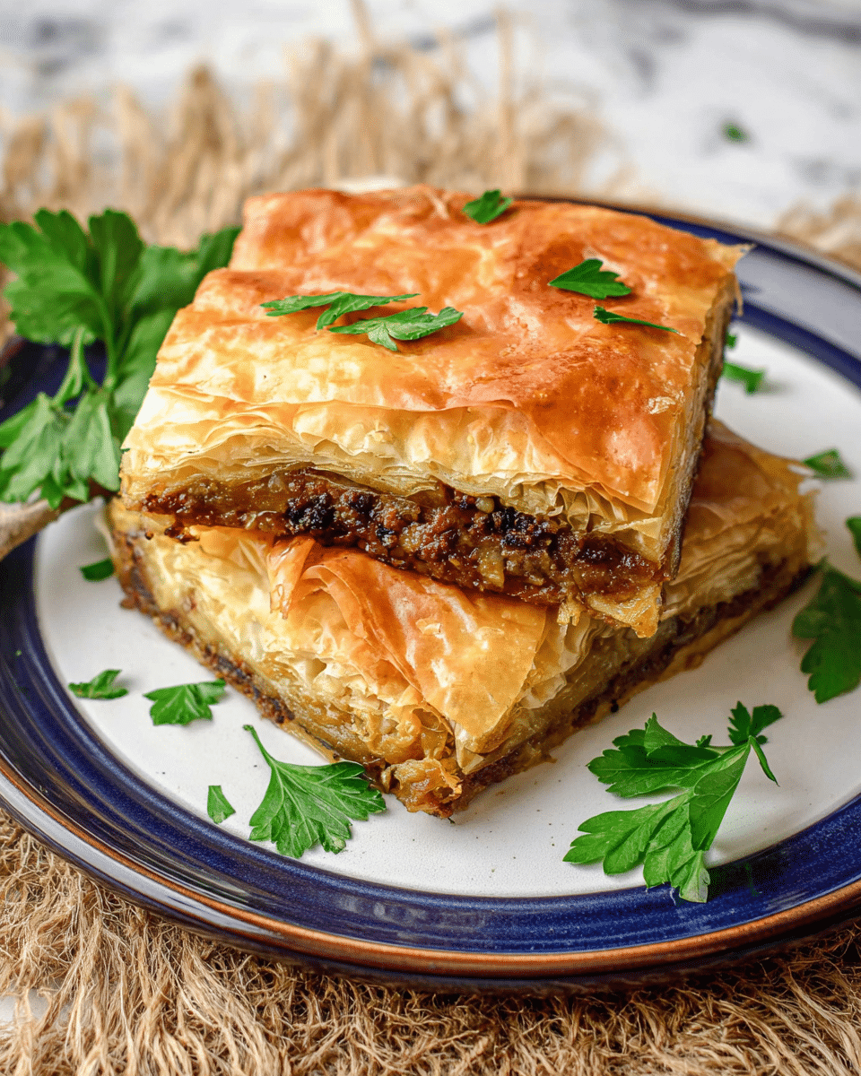 A close-up image shows a golden brown layered pastry with a flaky and slightly shiny top crust. The pastry is cut into squares, and one piece is lifted, revealing multiple thin layers inside with a darker, crumbly filling in the middle. The layers have a mix of light brown and darker shades, showing a contrast between the crispy dough and the filling. The background shows more pieces of the same pastry on a white marbled surface. Photo taken with an iphone --ar 4:5 --v 7