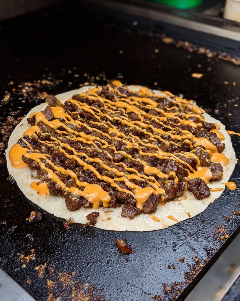 A flat round tortilla lays on a hot black griddle with three visible layers: the bottom layer is a thin, pale golden tortilla, topped with a layer of dark brown cooked beef mixed with small bits of green and red vegetables, and the topmost layer is a drizzle of thick creamy orange sauce spread in horizontal lines across the beef. The griddle surface has some small scattered food bits around the tortilla, and the background is a white marbled texture. photo taken with an iphone --ar 4:5 --v 7