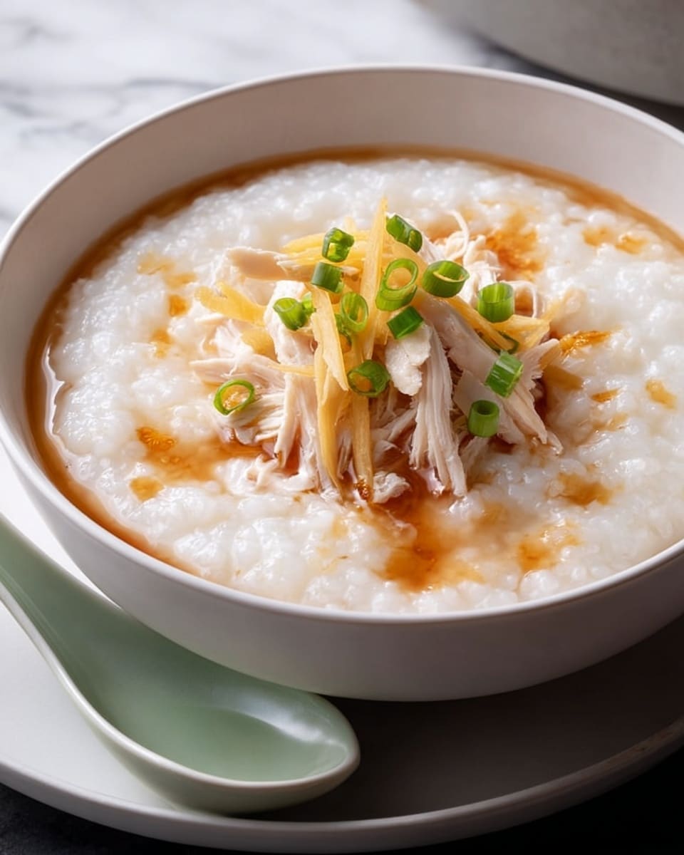 A white bowl holds a dish with three main layers: at the bottom is a white, smooth rice porridge filling most of the bowl; on top of the porridge is a pile of light beige shredded chicken; and scattered over the top are thin pale yellow strips of ginger and small green pieces of chopped scallion. Around the edge of the porridge is a dark brown sauce creating a ring near the bowl's side. The bowl sits on a dark plate, all placed on a white marbled surface. Photo taken with an iphone --ar 4:5 --v 7