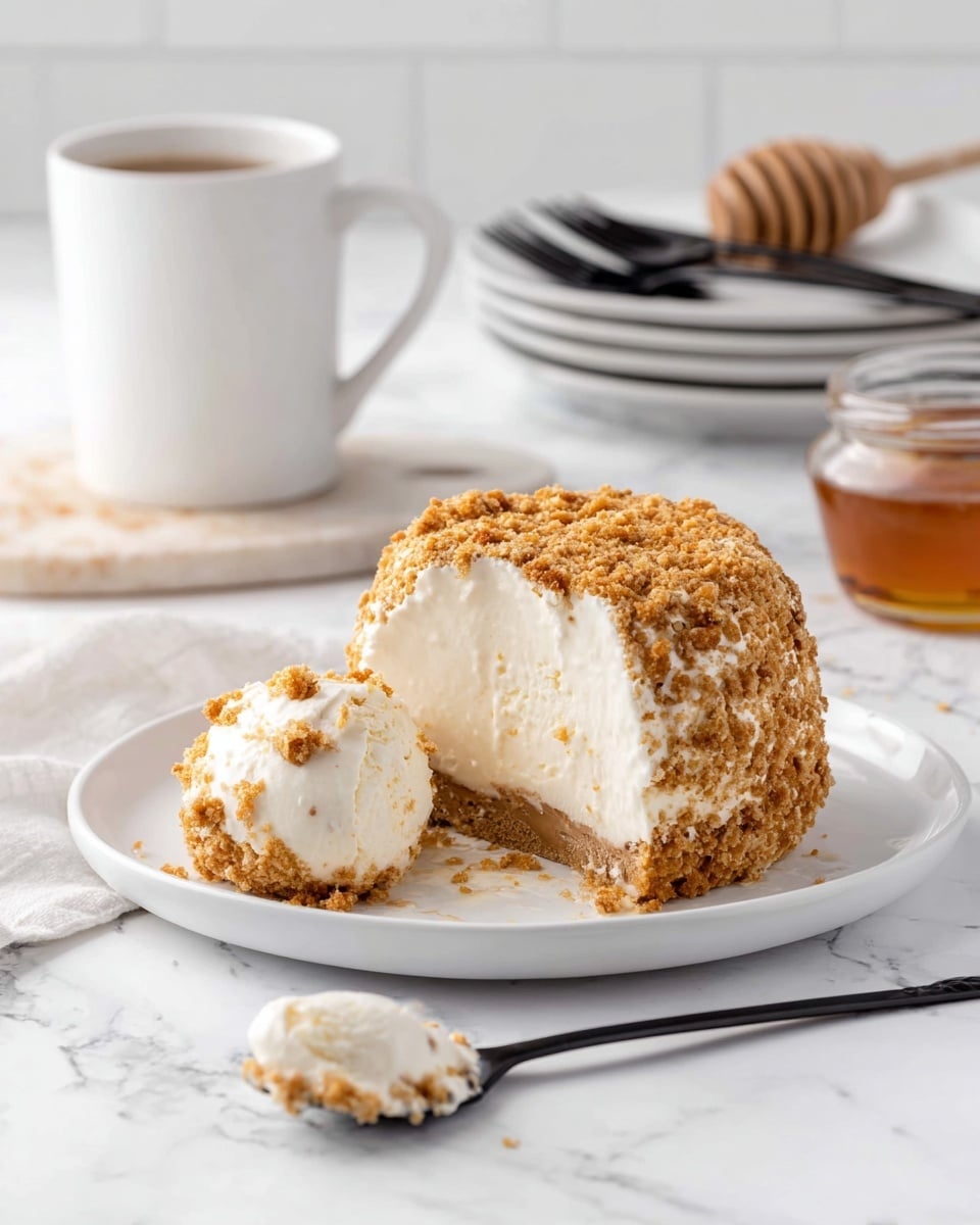The image shows a round ice cream ball dessert on a white plate placed on a white marbled surface. The dessert has four visible layers: the innermost is smooth, white vanilla ice cream with a soft texture; it is covered by a crunchy, golden brown cereal coating mixed with dark chocolate drizzle streaks on the sides; above this, there is a thick swirl of fluffy white whipped cream; and on top, a glossy red maraschino cherry sits with its long stem pointing up. In the background, there is another similar dessert and a white bowl filled with more red cherries. Photo taken with an iphone --ar 4:5 --v 7