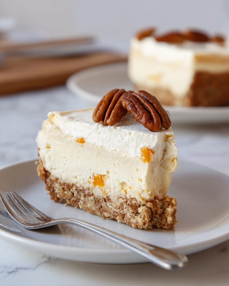A slice of cheesecake is shown on a white plate with a silver fork next to it. The cheesecake has three layers: a light brown crumbly crust at the bottom, a thick creamy white layer with small orange specks in the middle, and a smooth white topping layer. On top of the cheesecake slice are two whole pecans placed near the edge. In the background, there is another slice of the same cheesecake on a white plate resting on a white marbled surface. photo taken with an iphone --ar 4:5 --v 7