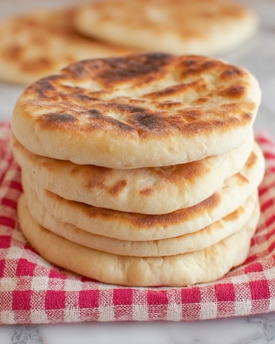 A stack of five round flatbreads with a soft, slightly puffed texture and light golden brown spots is placed on a red and white checkered cloth. Each flatbread layer shows subtle wrinkles and air pockets, giving a fluffy appearance. The stack stands tall, with the top flatbread slightly domed and the one near the bottom showing a bit more brown toasting. The background has a smooth white marbled texture. photo taken with an iphone --ar 4:5 --v 7