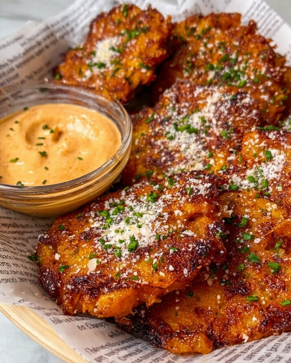 A white plate lined with light brown paper holds five golden-brown crispy fritters with a rough, crunchy texture, each topped with small green herb pieces and a light sprinkling of white grated cheese. To the left side of the plate is a clear glass bowl filled with creamy orange dipping sauce, garnished with chopped green herbs. The background is a white marbled surface. photo taken with an iphone --ar 4:5 --v 7