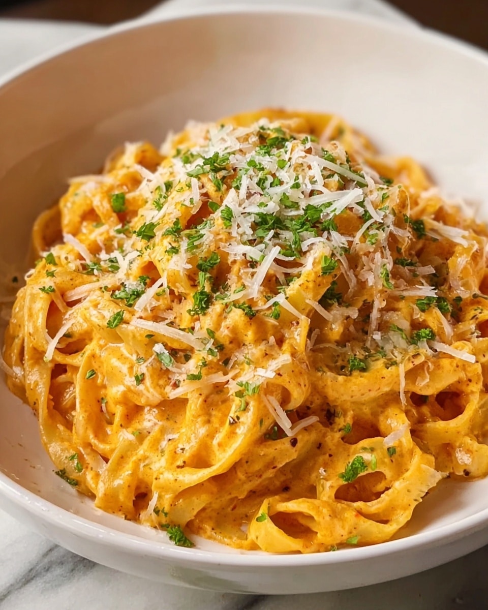 A white bowl holds a serving of spaghetti coated in a creamy orange sauce. The noodles are thick and twisted, creating a layered pile with a slightly glossy texture. On top, there is a sprinkle of finely grated white cheese scattered evenly and small pieces of chopped green herbs adding contrast. The bowl is set on a white marbled surface. photo taken with an iphone --ar 4:5 --v 7