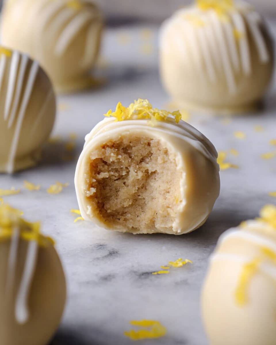 The image shows several round truffle balls covered in a smooth, creamy white coating placed on a white marbled surface. One truffle ball is in the front center, bitten to reveal a soft, dense, and crumbly light beige interior. Each truffle ball has thin white drizzles on top and small yellow zest pieces scattered over and around them. The background is softly blurred, emphasizing the texture of the truffle balls. photo taken with an iphone --ar 4:5 --v 7