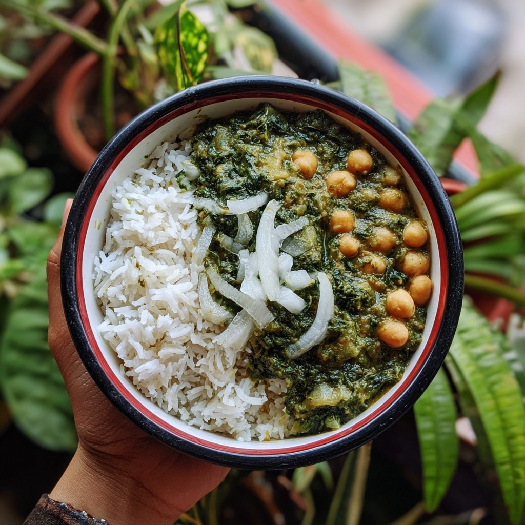 A bowl with two layers of food held by a woman's hand, inside is a base layer of white rice on the left side, fluffy with grain texture. On the right is a thick green spinach and chickpea curry with visible chickpeas covered in a finely chopped spinach sauce, topped with a few slices of raw white onion. The bowl is white with a dark interior and a red rim, placed against a blurred background of green plants and an outdoor setting. Photo taken with an iphone --ar 4:5 --v 7