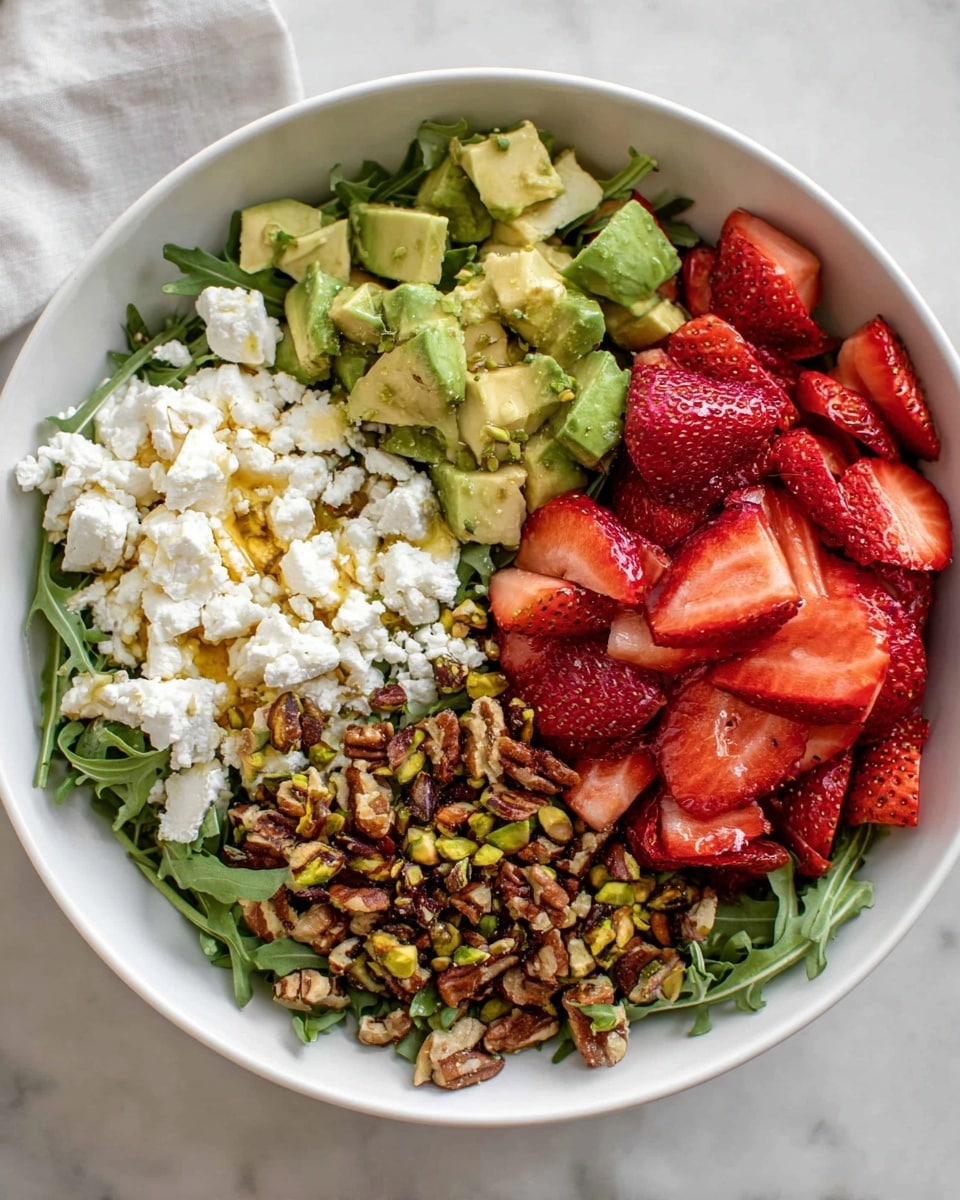 A white bowl filled with a fresh salad, layered with a bed of green arugula leaves at the bottom. On top, there are five distinct sections: bright red strawberry slices grouped together on the right side, golden-brown toasted nuts and seeds on the upper right, light green diced avocado pieces next to the nuts, creamy white crumbled cheese on the left, and a small portion of crushed pistachios near the strawberries. The ingredients show varied textures from smooth and juicy strawberries and avocado to crumbly cheese and crunchy nuts. The bowl is set on a white marbled surface with some scattered strawberry halves around it. Photo taken with an iphone --ar 4:5 --v 7