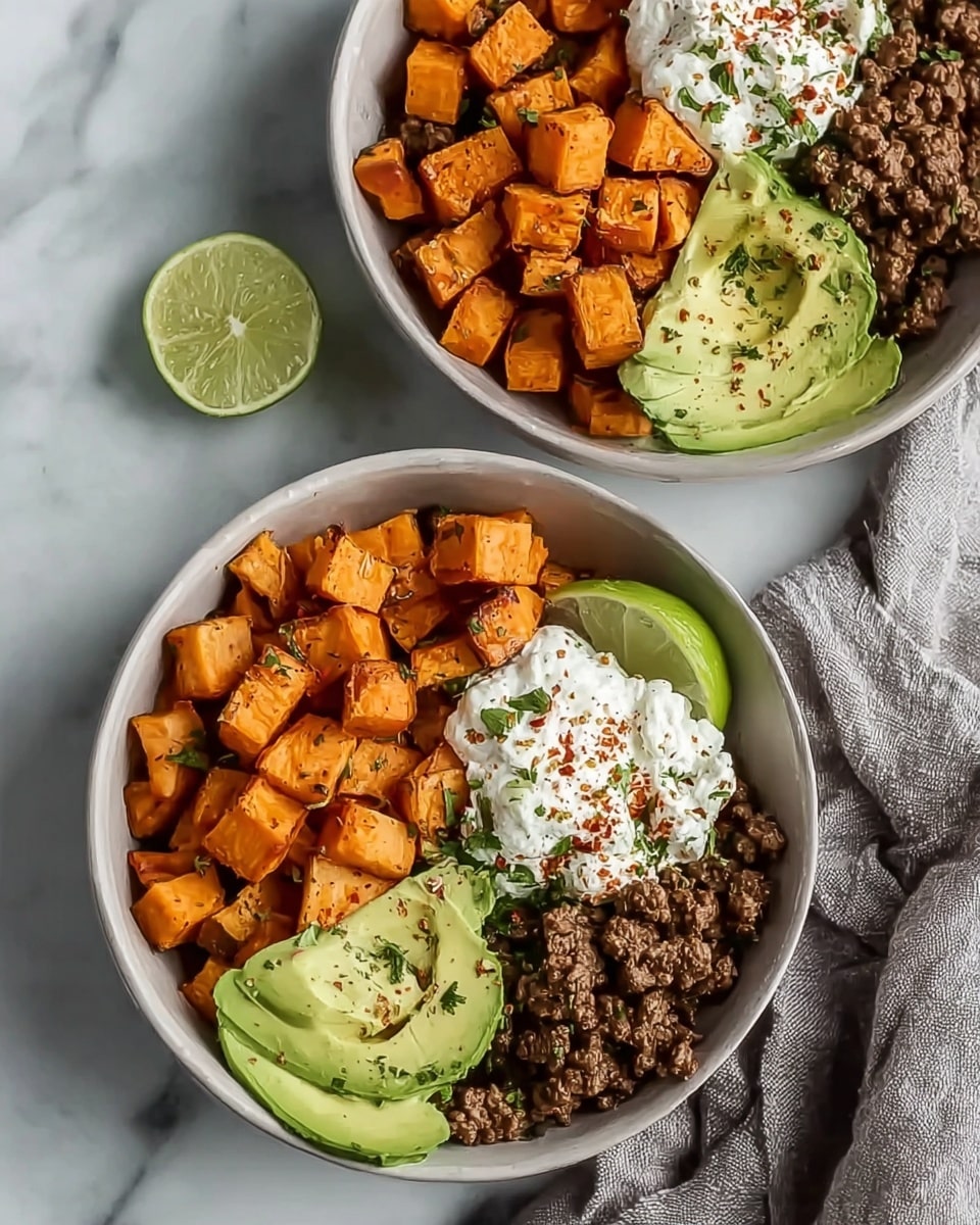 A bowl with four main layers: the bottom layer is not visible, topped with cubed roasted orange sweet potatoes on the left, creamy white cottage cheese with red chili flakes and green onion pieces in the center, sliced green avocado with chili flakes below the sweet potatoes, and crumbled cooked brown ground beef on the right. A few sprigs of fresh green cilantro peek out near the cottage cheese. The bowl is placed on a grey cloth over a white marbled surface, with half a lime, lime wedge, a pepper grinder, and a small white bowl of red chili flakes in the background. Photo taken with an iphone --ar 4:5 --v 7