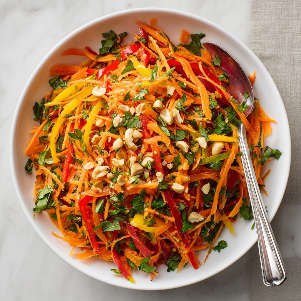 A white bowl filled with a bright, colorful carrot salad, showing about three main layers: the base layer is thin, orange shredded carrots mixed with green chopped herbs, the middle layer has thin strips of red and yellow bell peppers adding red and golden yellow tones, and the top layer is scattered chopped light brown nuts for texture and contrast; a silver spoon rests inside the bowl on the right side, all set on a white marbled surface with a few green herb leaves visible nearby. photo taken with an iphone --ar 4:5 --v 7