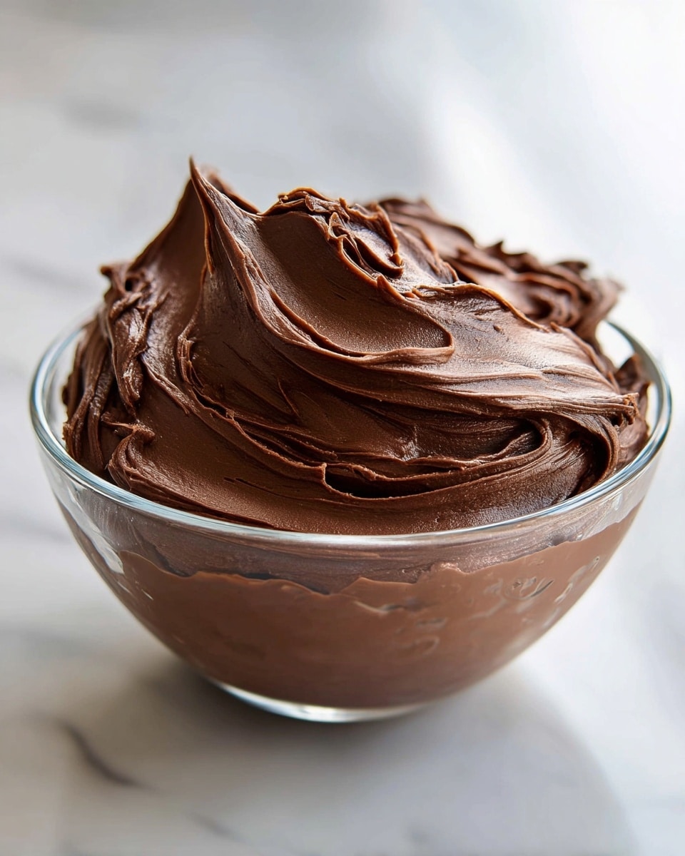 A clear glass bowl filled with smooth, thick chocolate frosting. The frosting has rich, dark brown layers swirled and piled high in the bowl, showing creamy texture with soft peaks and glossy highlights. Some frosting is spread thinly along the inside sides of the bowl, adding depth to the thick central mound. The bowl sits on a white marbled surface that softly reflects light. photo taken with an iphone --ar 4:5 --v 7