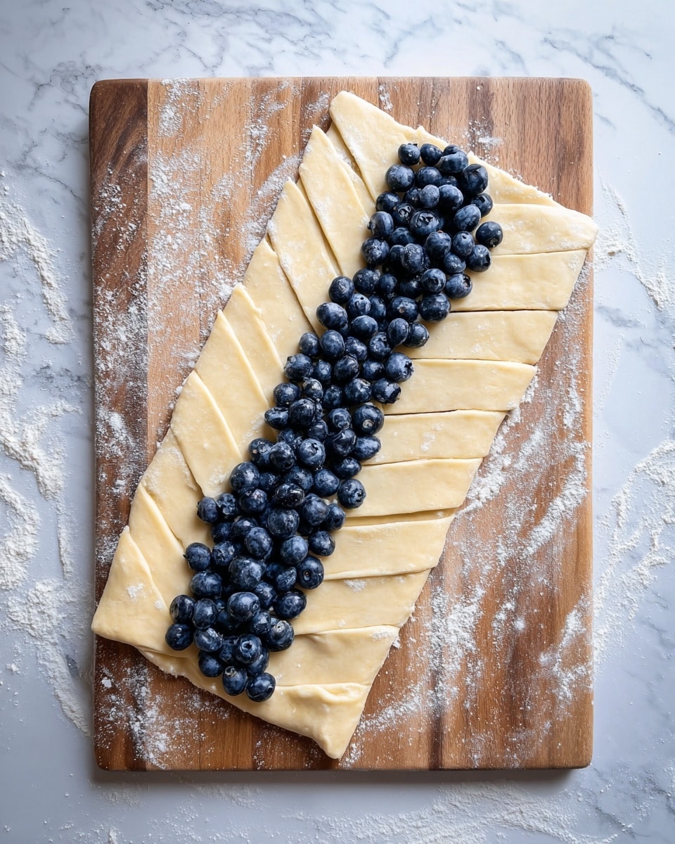 The image shows six pieces of braided pastry placed side by side on brown parchment paper over a white marbled surface. Each pastry piece has three visible layers of golden-brown, flaky dough with shiny glaze on top, intertwined with creamy white icing drizzled over the surface. Between the layers, there is a purple berry filling visible inside the pastry twists, adding a splash of deep purple color against the warm tones of the dough. In the background, there is a white bowl filled with fresh blueberries and stacked white plates. The photo has soft natural lighting, highlighting the textures of the flaky crust and creamy glaze, giving a fresh and appetizing look. photo taken with an iphone --ar 4:5 --v 7