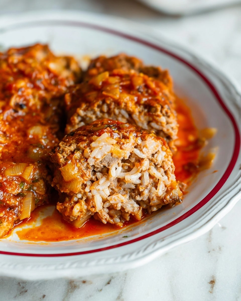 A white plate with a raised edge holds four large meatballs covered in a thick, chunky red tomato sauce. The meatballs are brown with bits of cooked rice visible, giving a rough and textured surface. The tomato sauce beneath and around the meatballs looks rich with small pieces of tomato adding to its texture. The plate is set on a white marbled textured surface. photo taken with an iphone --ar 4:5 --v 7