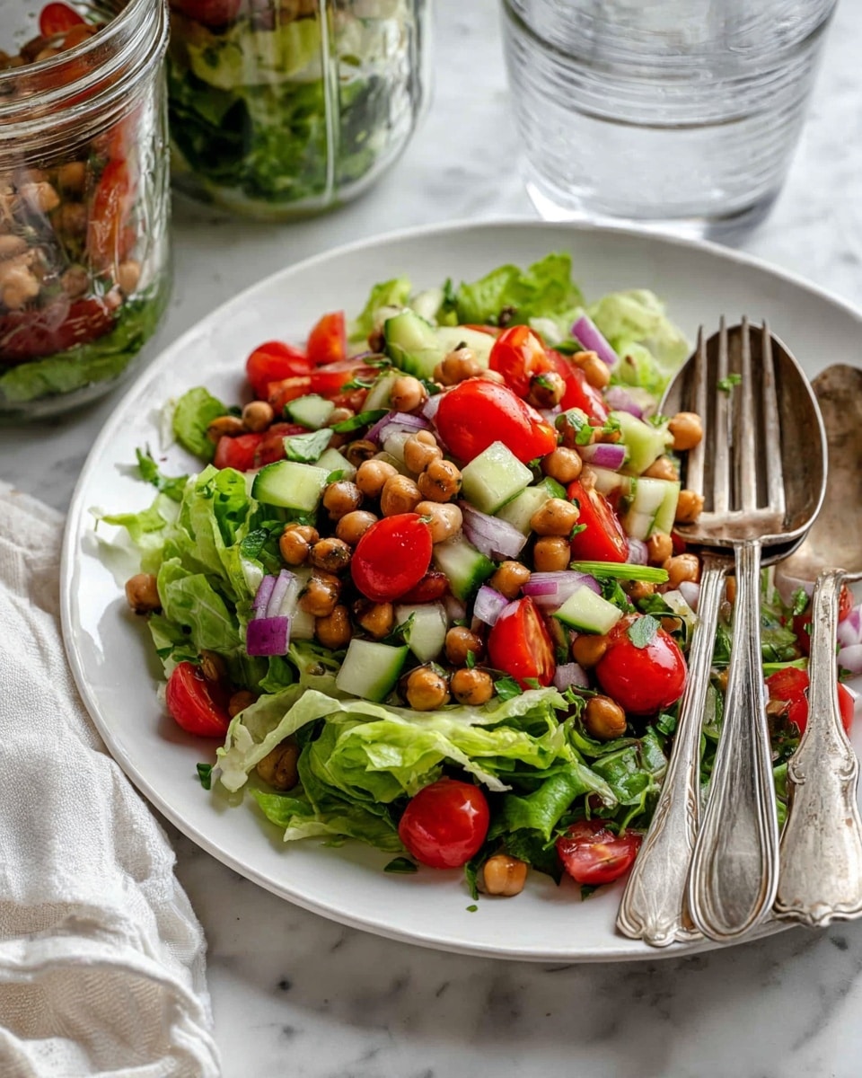 Three clear glass jars with lids contain layered salad, each jar showing four visible layers. The bottom layer is dark brown with small chickpeas, topped by a bright red layer of chopped cherry tomatoes. Above the tomatoes is a light green layer of diced cucumber, and on top is a mixed green leafy layer with spinach and other greens. The jars are placed on a white marbled surface, near a white plate with two vintage silver spoons. Photo taken with an iphone --ar 4:5 --v 7