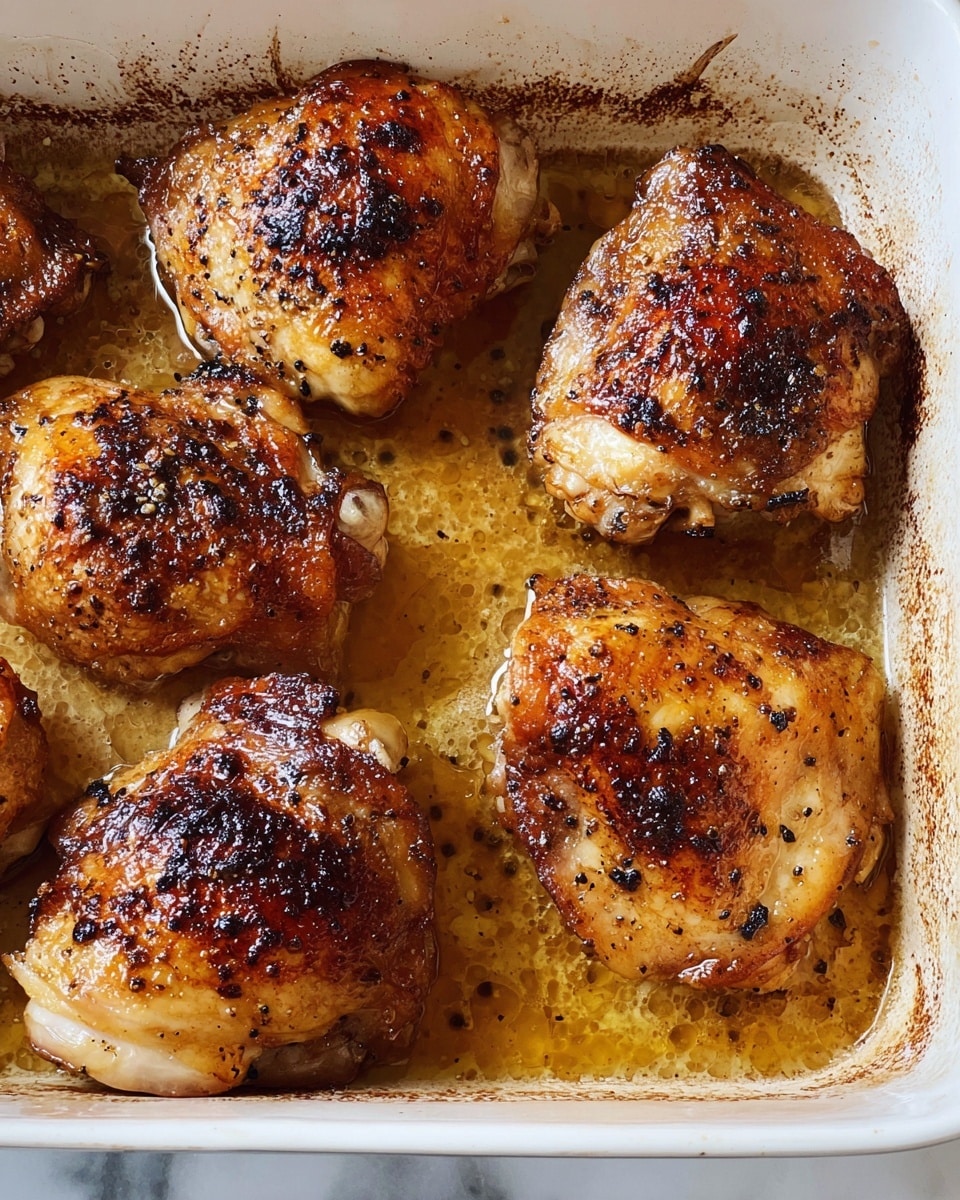 Five pieces of golden-brown roasted chicken thighs sit closely together in a white baking dish, each piece showing a crispy, slightly charred skin with blackened spots and specks of pepper. The thighs rest in a shallow pool of light brown cooking juices, with some bubbling oil visible around the edges. The baking dish shows slight browning and caramelized marks along its corners and sides. The overall texture of the chicken skin looks crispy and juicy underneath. The background is a white marbled texture. photo taken with an iphone --ar 4:5 --v 7
