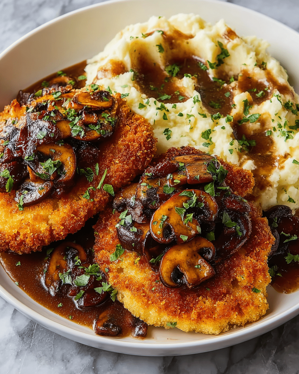 The image shows two large, golden-brown crispy fried cutlets on a white plate, each topped with dark brown sautéed mushroom slices and sprinkled with fresh green herbs. Next to the cutlets is a generous scoop of creamy white mashed potatoes also covered with the same mushrooms and herbs, with some brown gravy pooling around the edges. The plate rests on a white marbled surface. photo taken with an iphone --ar 4:5 --v 7