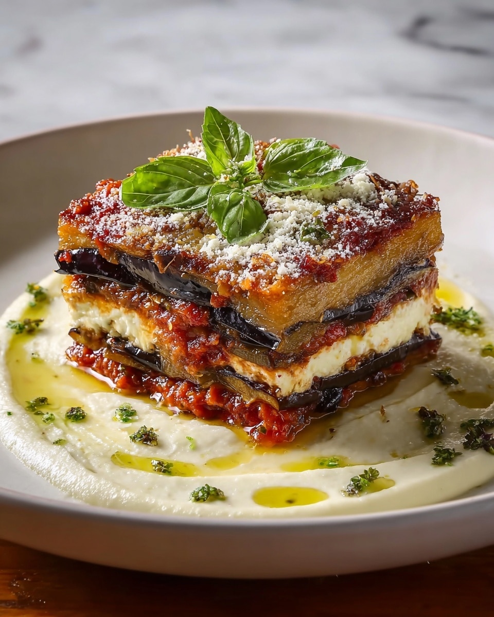 The image shows a three-layered square piece of eggplant dish placed on a white plate, each layer alternating between thick, glossy dark purple slices of cooked eggplant and creamy white cheese with a golden-brown, crispy baked crust on top. There is a rich, reddish-brown sauce spread between the layers, and fresh green herbs decorate the top and are sprinkled around the plate. A creamy white sauce pools around the base of the dish with droplets of golden oil and scattered green herbs on top. The white plate sits on a white marbled surface. Photo taken with an iphone --ar 4:5 --v 7