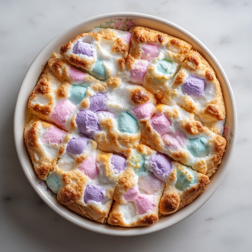 A close-up of a square-shaped dessert bar with a soft, chewy texture, showing a mix of colors including light brown, white, pink, blue, and purple swirled throughout. In the background, there is a blurred bright pink marshmallow in the shape of a chick, and parts of other pastel-colored marshmallows visible. The dessert is placed on a white marbled surface with soft lighting. photo taken with an iphone --ar 4:5 --v 7