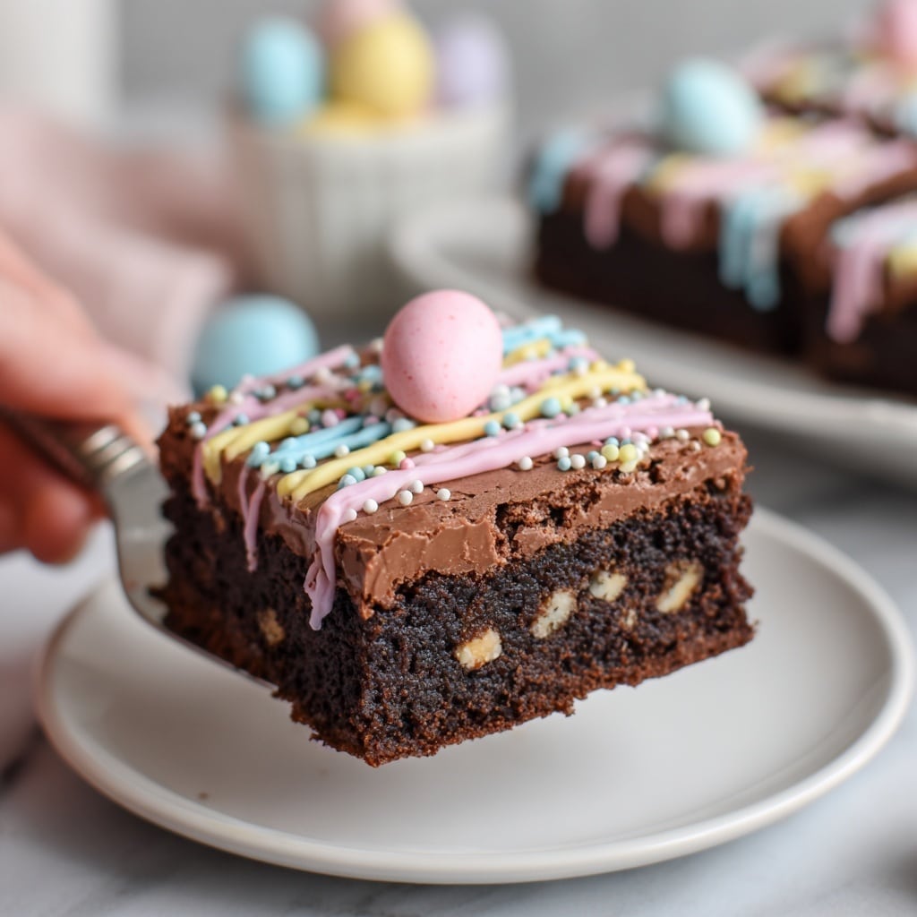 A thick, square brownie with a dark, moist chocolate base mixed with small nut pieces is topped with a smooth layer of dark chocolate fudge. Colorful pastel icing lines—pink, blue, and yellow—are drizzled across the top along with small round sprinkles in matching pastel colors. A small, pastel-colored candy egg (pink or blue) sits in the center as decoration. The brownie is shown on a white plate with a white marbled background in one image and being lifted with a cake server in another, with a woman's hand holding it. photo taken with an iphone --ar 4:5 --v 7