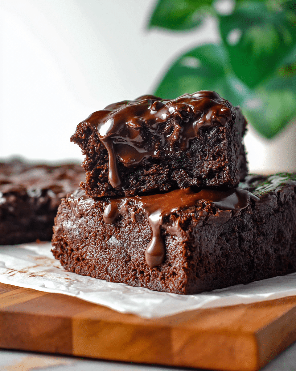 A thick, square-shaped dark chocolate brownie with a rough, dense texture sits on a sheet of white parchment paper, placed on a wooden board. The top layer is covered with many shiny, melted chocolate chips spread unevenly, giving a rich, glossy look. In the background, a small white pot holding lush green leaves and a clear glass bottle filled with milk with a golden straw can be seen, all set on a white marbled surface with soft natural light. photo taken with an iphone --ar 4:5 --v 7